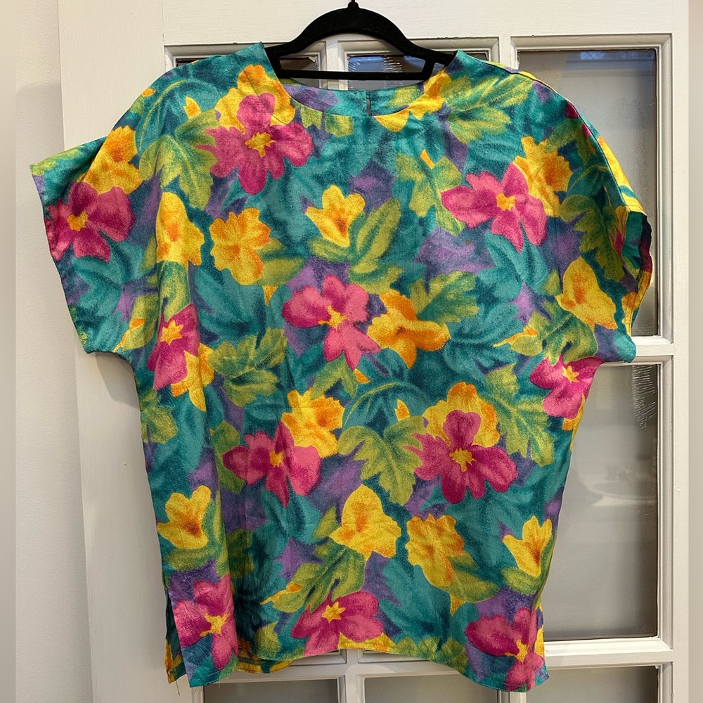 Vintage Robbie Sport 80’s Vibrant Floral Tropical Resort Top Blouse Size 14 L